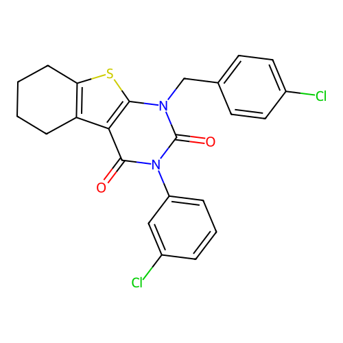 1-(4-chlorobenzyl)-3-(3-chlorophenyl)-5,6,7,8-tetrahydrobenzo[4,5]thieno[2,3-d]pyrimidine-2,4(1H,3H)-dione structure