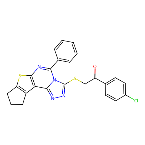 1-(4-chlorophenyl)-2-((5-phenyl-9,10-dihydro-8H-cyclopenta[4,5]thieno[3,2-e][1,2,4]triazolo[4,3-c]pyrimidin-3-yl)thio)ethanone structure