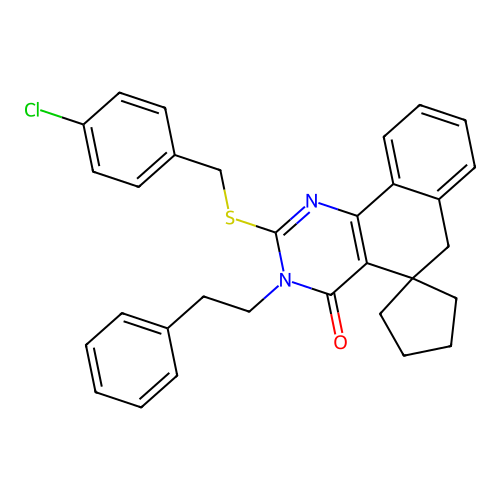 2-((4-chlorobenzyl)thio)-3-phenethyl-3H-spiro[benzo[h]quinazoline-5,1'-cyclopentan]-4(6H)-one structure