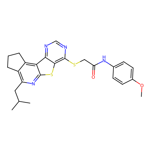 2-((4-isobutyl-2,3-dihydro-1H-cyclopenta[4',5']pyrido[3',2':4,5]thieno[3,2-d]pyrimidin-7-yl)thio)-N-(4-methoxyphenyl)acetamide structure