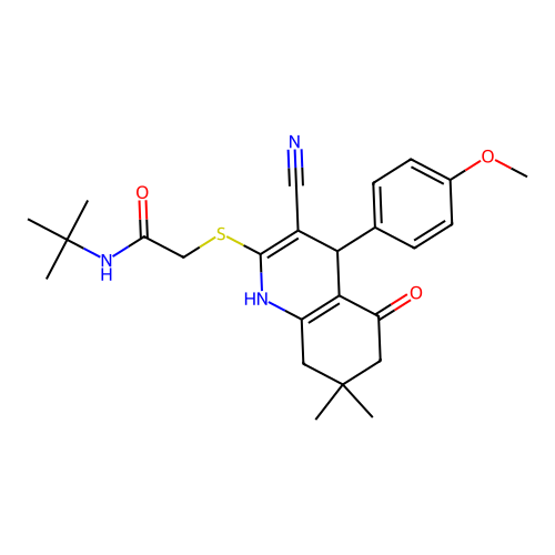 N-(tert-butyl)-2-((3-cyano-4-(4-methoxyphenyl)-7,7-dimethyl-5-oxo-1,4,5,6,7,8-hexahydroquinolin-2-yl)thio)acetamide structure