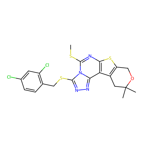 3-((2,4-dichlorobenzyl)thio)-10,10-dimethyl-5-(methylthio)-10,11-dihydro-8H-pyrano[4',3':4,5]thieno[3,2-e][1,2,4]triazolo[4,3-c]pyrimidine structure