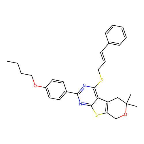 2-(4-butoxyphenyl)-4-(cinnamylthio)-6,6-dimethyl-6,8-dihydro-5H-pyrano[4',3':4,5]thieno[2,3-d]pyrimidine structure