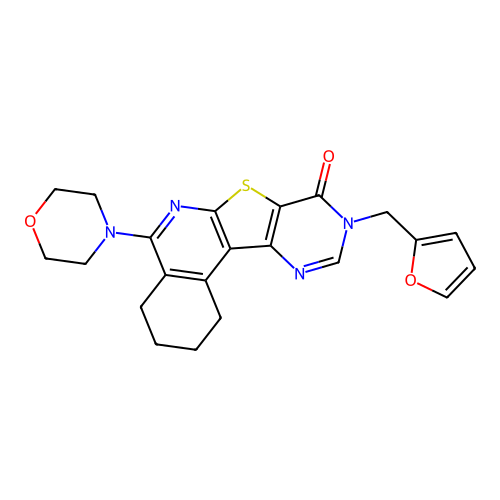 9-(furan-2-ylmethyl)-5-morpholino-1,2,3,4-tetrahydropyrimido[4',5':4,5]thieno[2,3-c]isoquinolin-8(9H)-one structure