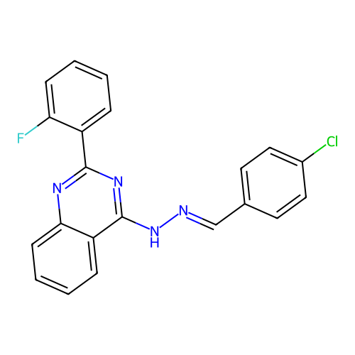 4-[(2E)-2-(4-chlorobenzylidene)hydrazinyl]-2-(2-fluorophenyl)quinazoline structure