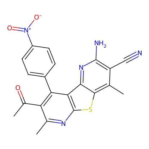 8-acetyl-2-amino-4,7-dimethyl-9-(4-nitrophenyl)thieno[2,3-b:4,5-b']dipyridine-3-carbonitrile structure