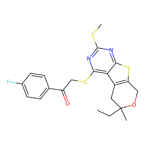 2-((6-ethyl-6-methyl-2-(methylthio)-6,8-dihydro-5H-pyrano[4',3':4,5]thieno[2,3-d]pyrimidin-4-yl)thio)-1-(4-fluorophenyl)ethanone structure