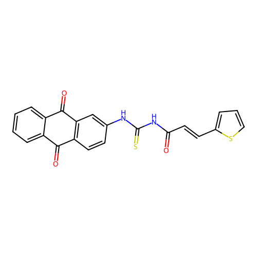 (2E)-N-[(9,10-dioxo-9,10-dihydroanthracen-2-yl)carbamothioyl]-3-(thiophen-2-yl)prop-2-enamide structure