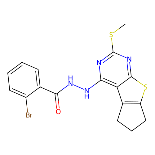 2-bromo-N'-(2-(methylthio)-6,7-dihydro-5H-cyclopenta[4,5]thieno[2,3-d]pyrimidin-4-yl)benzohydrazide structure