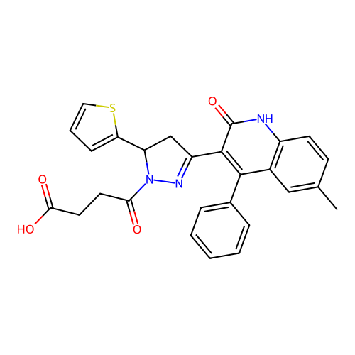 4-(3-(6-methyl-2-oxo-4-phenyl-1,2-dihydroquinolin-3-yl)-5-(thiophen-2-yl)-4,5-dihydro-1H-pyrazol-1-yl)-4-oxobutanoic acid structure