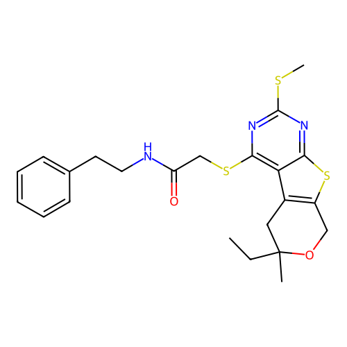 2-((6-ethyl-6-methyl-2-(methylthio)-6,8-dihydro-5H-pyrano[4',3':4,5]thieno[2,3-d]pyrimidin-4-yl)thio)-N-phenethylacetamide structure