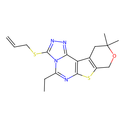 3-(allylthio)-5-ethyl-10,10-dimethyl-10,11-dihydro-8H-pyrano[4',3':4,5]thieno[3,2-e][1,2,4]triazolo[4,3-c]pyrimidine structure