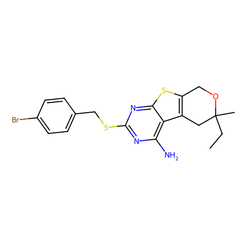2-[(4-bromobenzyl)sulfanyl]-6-ethyl-6-methyl-5,8-dihydro-6H-pyrano[4',3':4,5]thieno[2,3-d]pyrimidin-4-amine structure