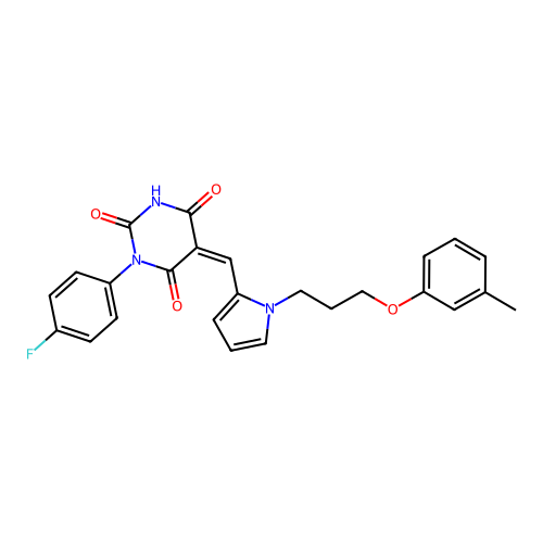 (5Z)-1-(4-fluorophenyl)-5-[[1-[3-(3-methylphenoxy)propyl]pyrrol-2-yl]methylidene]-1,3-diazinane-2,4,6-trione structure
