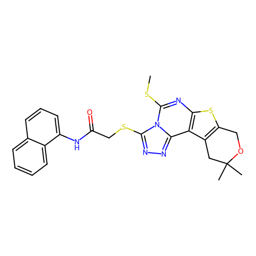 2-((10,10-dimethyl-5-(methylthio)-10,11-dihydro-8H-pyrano[4',3':4,5]thieno[3,2-e][1,2,4]triazolo[4,3-c]pyrimidin-3-yl)thio)-N-(naphthalen-1-yl)acetamide structure