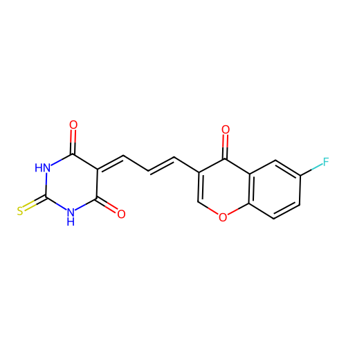 (E)-5-(3-(6-fluoro-4-oxo-4H-chromen-3-yl)allylidene)-2-thioxodihydropyrimidine-4,6(1H,5H)-dione structure