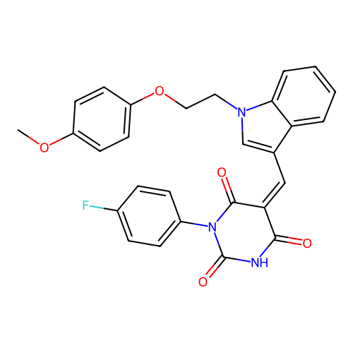 (Z)-1-(4-fluorophenyl)-5-((1-(2-(4-methoxyphenoxy)ethyl)-1H-indol-3-yl)methylene)pyrimidine-2,4,6(1H,3H,5H)-trione structure