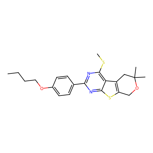 2-(4-butoxyphenyl)-6,6-dimethyl-4-(methylsulfanyl)-5,8-dihydro-6H-pyrano[4',3':4,5]thieno[2,3-d]pyrimidine structure