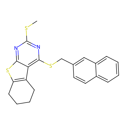 2-(methylsulfanyl)-4-[(naphthalen-2-ylmethyl)sulfanyl]-5,6,7,8-tetrahydro[1]benzothieno[2,3-d]pyrimidine structure