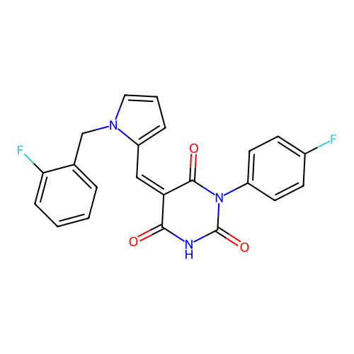 (5Z)-1-(4-fluorophenyl)-5-[[1-[(2-fluorophenyl)methyl]pyrrol-2-yl]methylidene]-1,3-diazinane-2,4,6-trione structure
