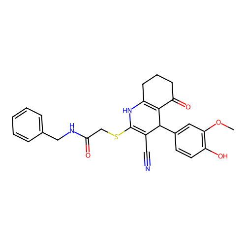 N-benzyl-2-{[3-cyano-4-(4-hydroxy-3-methoxyphenyl)-5-oxo-1,4,5,6,7,8-hexahydroquinolin-2-yl]sulfanyl}acetamide structure