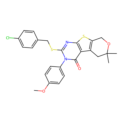 2-((4-chlorobenzyl)thio)-3-(4-methoxyphenyl)-6,6-dimethyl-5,6-dihydro-3H-pyrano[4',3':4,5]thieno[2,3-d]pyrimidin-4(8H)-one structure