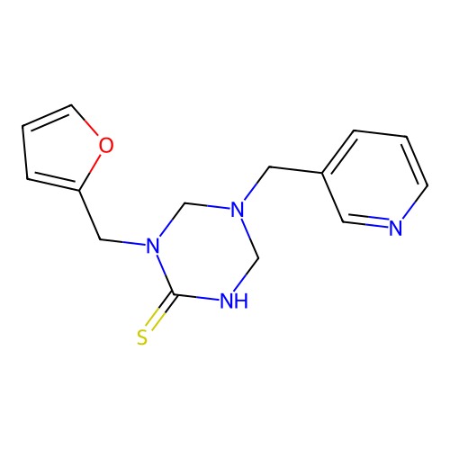 1-(Furan-2-ylmethyl)-5-(pyridin-3-ylmethyl)-1,3,5-triazinane-2-thione structure