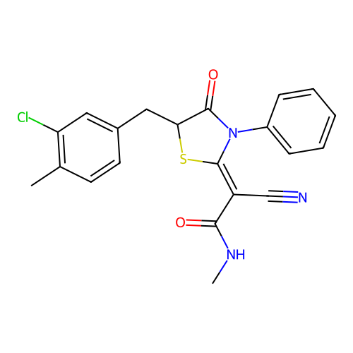 (2Z)-2-[5-(3-chloro-4-methylbenzyl)-4-oxo-3-phenyl-1,3-thiazolidin-2-ylidene]-2-cyano-N-methylethanamide structure