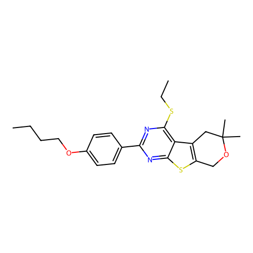 2-(4-butoxyphenyl)-4-(ethylsulfanyl)-6,6-dimethyl-5,8-dihydro-6H-pyrano[4',3':4,5]thieno[2,3-d]pyrimidine structure