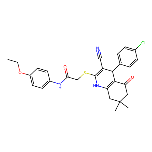 2-((4-(4-chlorophenyl)-3-cyano-7,7-dimethyl-5-oxo-1,4,5,6,7,8-hexahydroquinolin-2-yl)thio)-N-(4-ethoxyphenyl)acetamide structure