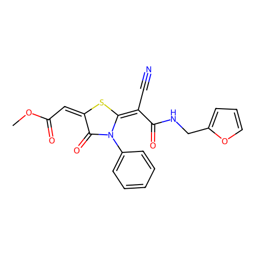 methyl (2E)-2-[(2E)-2-[1-cyano-2-(furan-2-ylmethylamino)-2-oxoethylidene]-4-oxo-3-phenyl-1,3-thiazolidin-5-ylidene]acetate structure