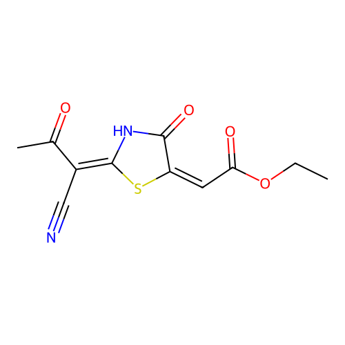 (E)-ethyl 2-((E)-2-(1-cyano-2-oxopropylidene)-4-oxothiazolidin-5-ylidene)acetate structure
