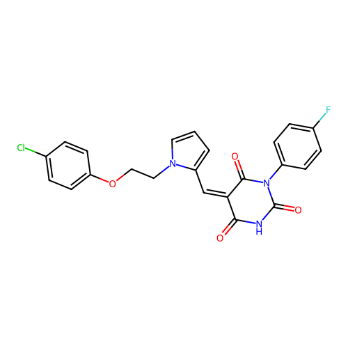 (5Z)-5-[[1-[2-(4-chlorophenoxy)ethyl]pyrrol-2-yl]methylidene]-1-(4-fluorophenyl)-1,3-diazinane-2,4,6-trione structure