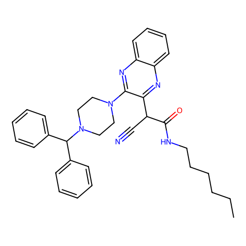2-(3-(4-benzhydrylpiperazin-1-yl)quinoxalin-2-yl)-2-cyano-N-hexylacetamide structure