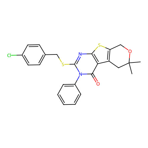 2-((4-chlorobenzyl)thio)-6,6-dimethyl-3-phenyl-5,6-dihydro-3H-pyrano[4',3':4,5]thieno[2,3-d]pyrimidin-4(8H)-one structure