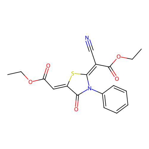 (E)-ethyl 2-cyano-2-((Z)-5-(2-ethoxy-2-oxoethylidene)-4-oxo-3-phenylthiazolidin-2-ylidene)acetate structure