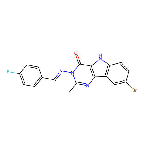 (E)-8-bromo-3-((4-fluorobenzylidene)amino)-2-methyl-3H-pyrimido[5,4-b]indol-4(5H)-one structure