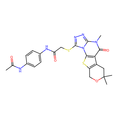 N-(4-acetamidophenyl)-2-((4,7,7-trimethyl-5-oxo-5,6,7,9-tetrahydro-4H-pyrano[4',3':4,5]thieno[3,2-e][1,2,4]triazolo[4,3-a]pyrimidin-1-yl)thio)acetamide structure