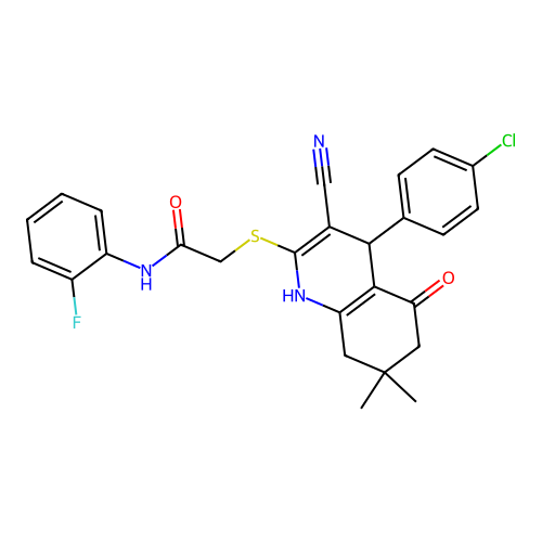 2-((4-(4-chlorophenyl)-3-cyano-7,7-dimethyl-5-oxo-1,4,5,6,7,8-hexahydroquinolin-2-yl)thio)-N-(2-fluorophenyl)acetamide structure