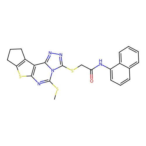 2-((5-(methylthio)-9,10-dihydro-8H-cyclopenta[4,5]thieno[3,2-e][1,2,4]triazolo[4,3-c]pyrimidin-3-yl)thio)-N-(naphthalen-1-yl)acetamide structure