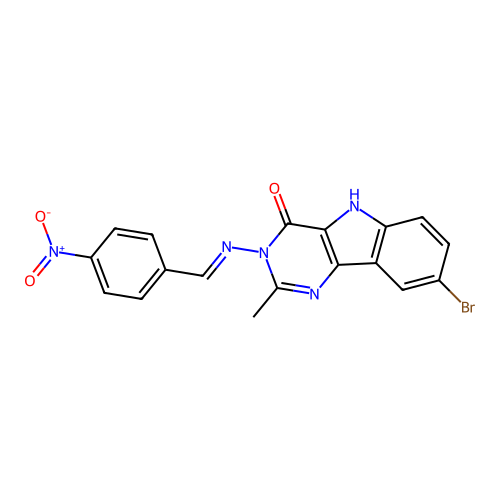 (E)-8-bromo-2-methyl-3-((4-nitrobenzylidene)amino)-3H-pyrimido[5,4-b]indol-4(5H)-one structure