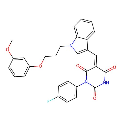 (Z)-1-(4-fluorophenyl)-5-((1-(3-(3-methoxyphenoxy)propyl)-1H-indol-3-yl)methylene)pyrimidine-2,4,6(1H,3H,5H)-trione structure