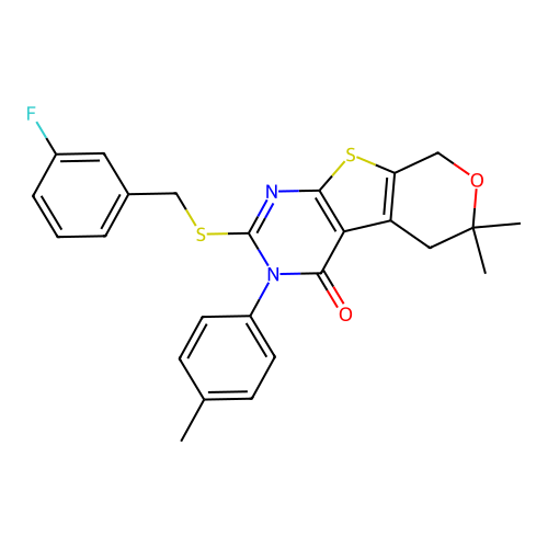 2-((3-fluorobenzyl)thio)-6,6-dimethyl-3-(p-tolyl)-5,6-dihydro-3H-pyrano[4',3':4,5]thieno[2,3-d]pyrimidin-4(8H)-one structure