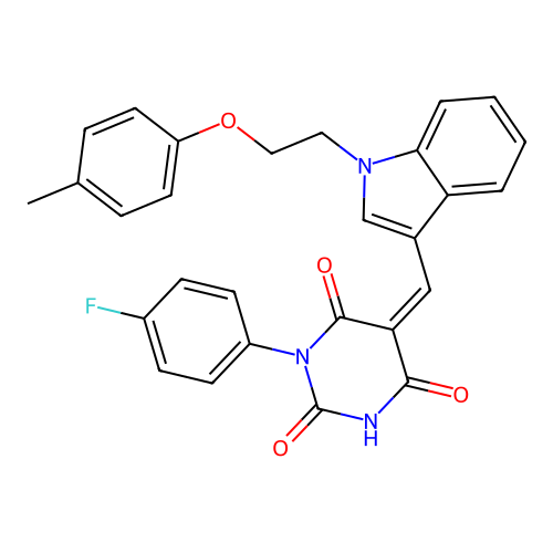(5Z)-1-(4-fluorophenyl)-5-({1-[2-(4-methylphenoxy)ethyl]-1H-indol-3-yl}methylidene)pyrimidine-2,4,6(1H,3H,5H)-trione structure