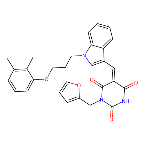 (Z)-5-((1-(3-(2,3-dimethylphenoxy)propyl)-1H-indol-3-yl)methylene)-1-(furan-2-ylmethyl)pyrimidine-2,4,6(1H,3H,5H)-trione structure
