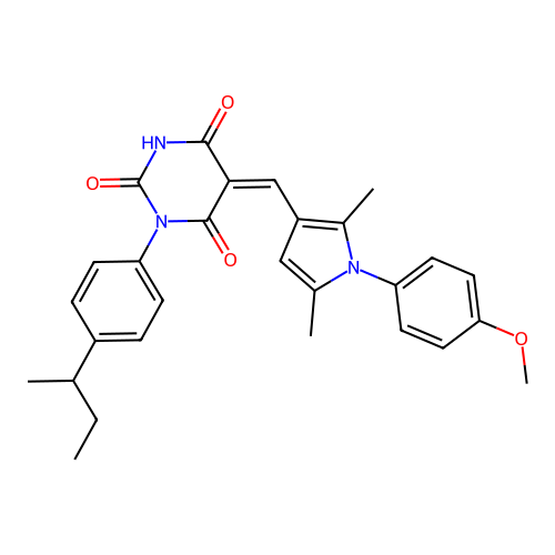 (5Z)-1-(4-butan-2-ylphenyl)-5-[[1-(4-methoxyphenyl)-2,5-dimethylpyrrol-3-yl]methylidene]-1,3-diazinane-2,4,6-trione structure