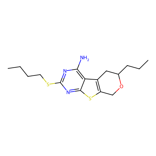 2-(butylthio)-6-propyl-6,8-dihydro-5H-pyrano[4',3':4,5]thieno[2,3-d]pyrimidin-4-amine structure