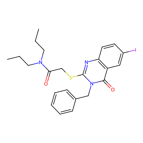 2-((3-benzyl-6-iodo-4-oxo-3,4-dihydroquinazolin-2-yl)thio)-N,N-dipropylacetamide structure