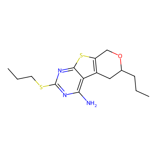 6-propyl-2-(propylthio)-6,8-dihydro-5H-pyrano[4',3':4,5]thieno[2,3-d]pyrimidin-4-amine structure