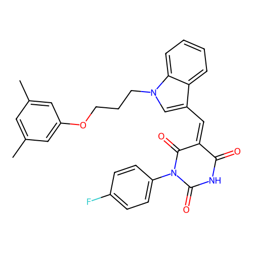 (5Z)-5-({1-[3-(3,5-dimethylphenoxy)propyl]-1H-indol-3-yl}methylidene)-1-(4-fluorophenyl)pyrimidine-2,4,6(1H,3H,5H)-trione structure